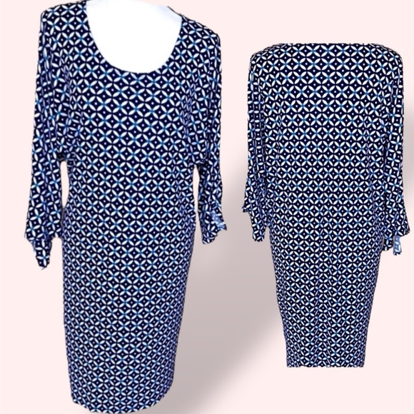 Lauren Ralph Lauren Preppy Blue White Geo Paisley Print Shift Dress Knot Sleeves - Picture 2 of 15